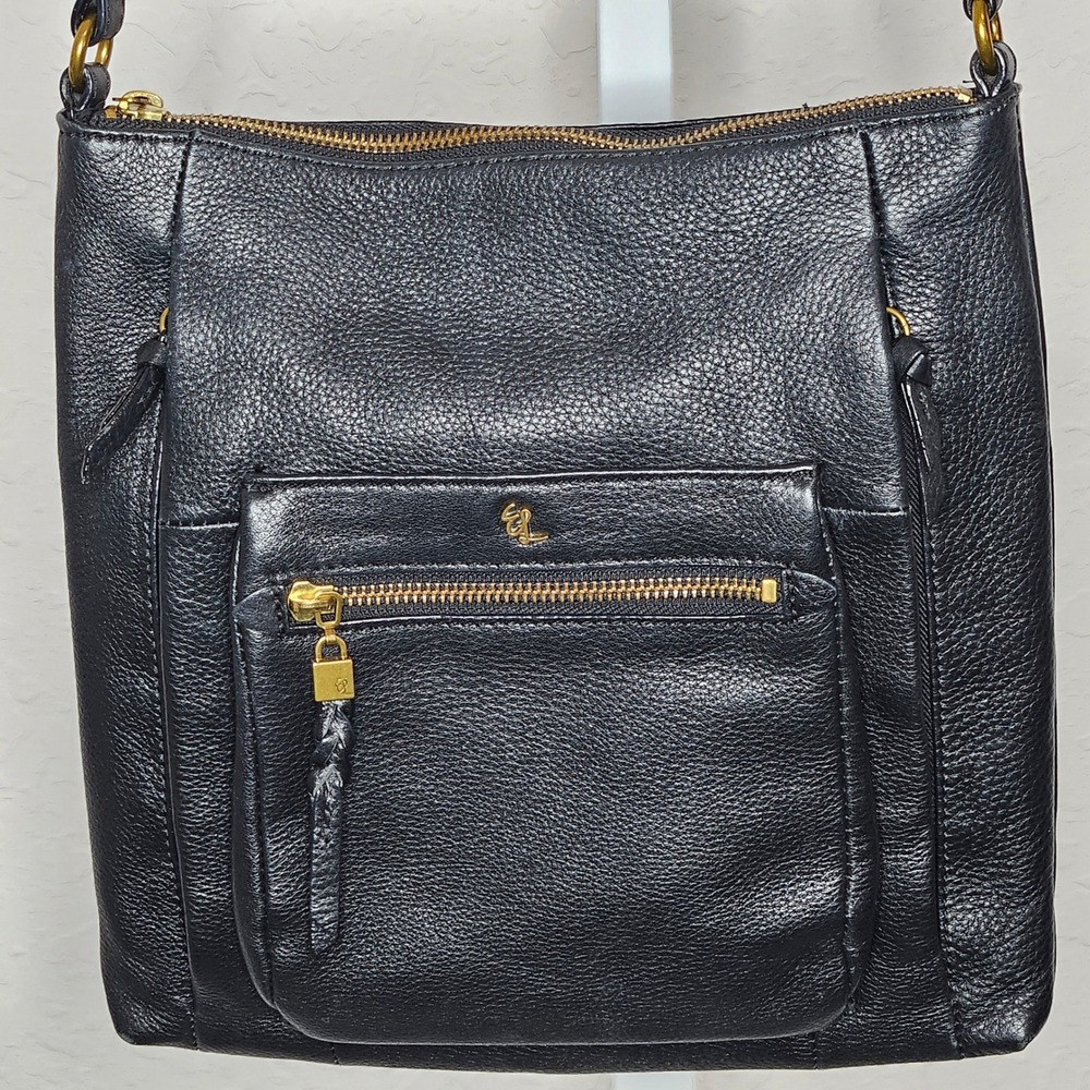 Elliott Lucca Black Pebbled Leather Crossbody Bag Gold Hardware‎ Braided Strap - Picture 2 of 10